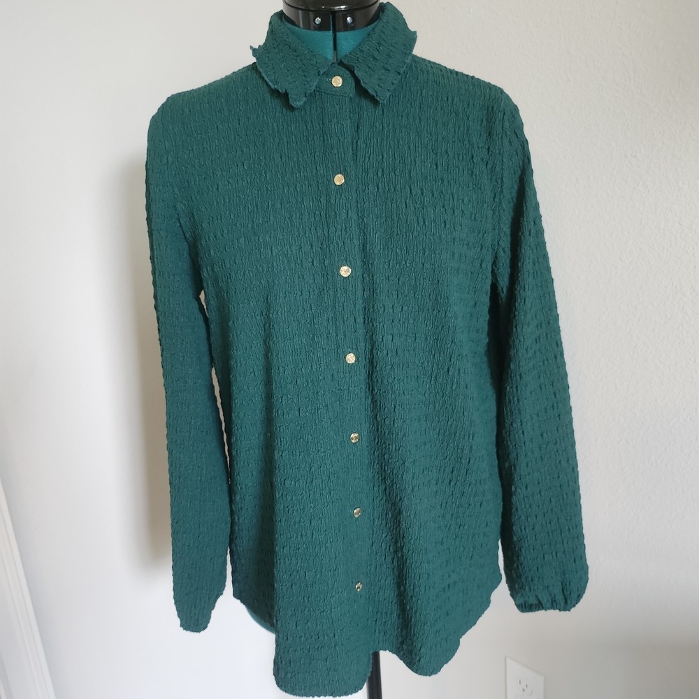 Anne Klein Button Up Shirt Womens Size Med Green Textured Stretchy Gold Buttons